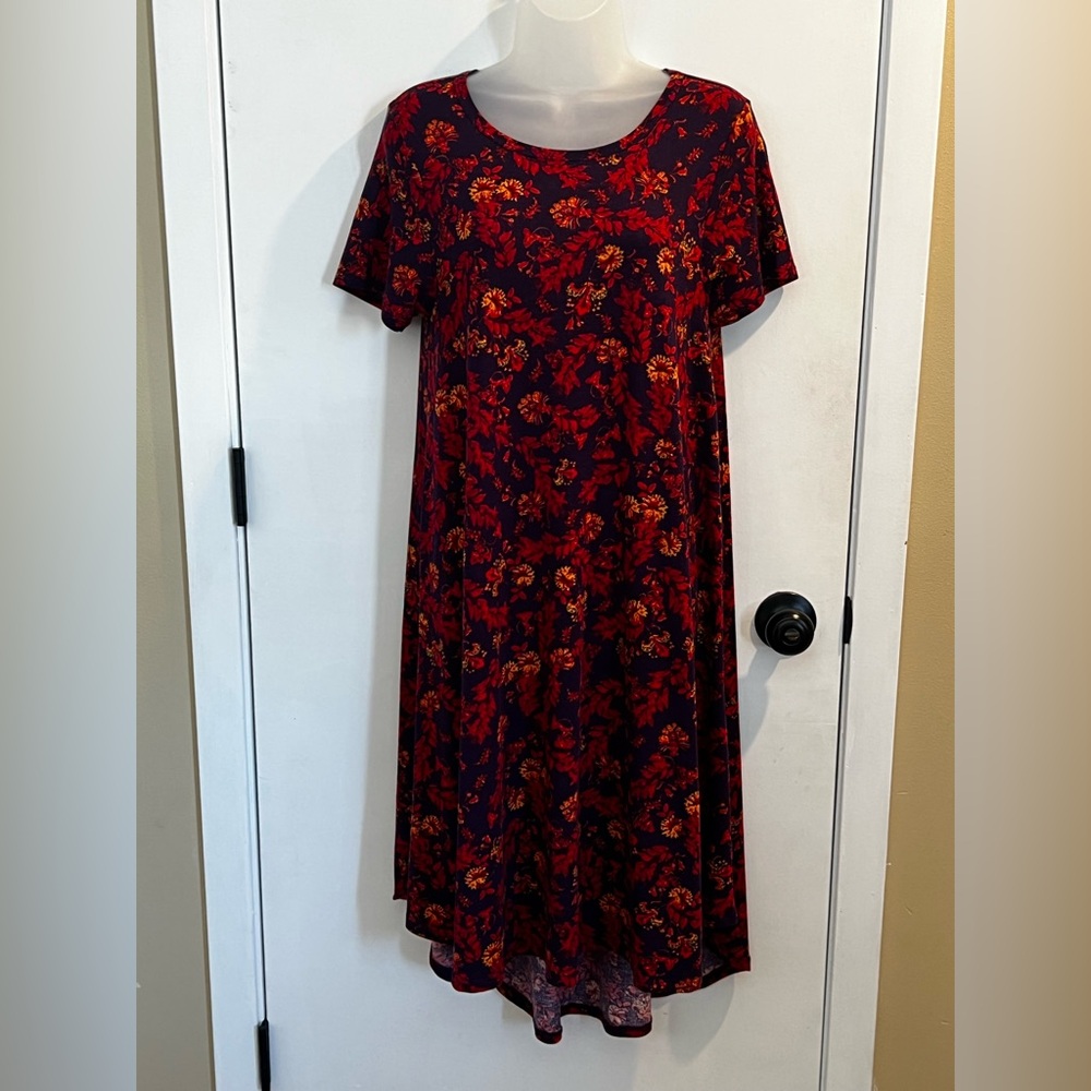 LuLaRoe Burgundy Floral Maxi Dress with Red and Gold Accents